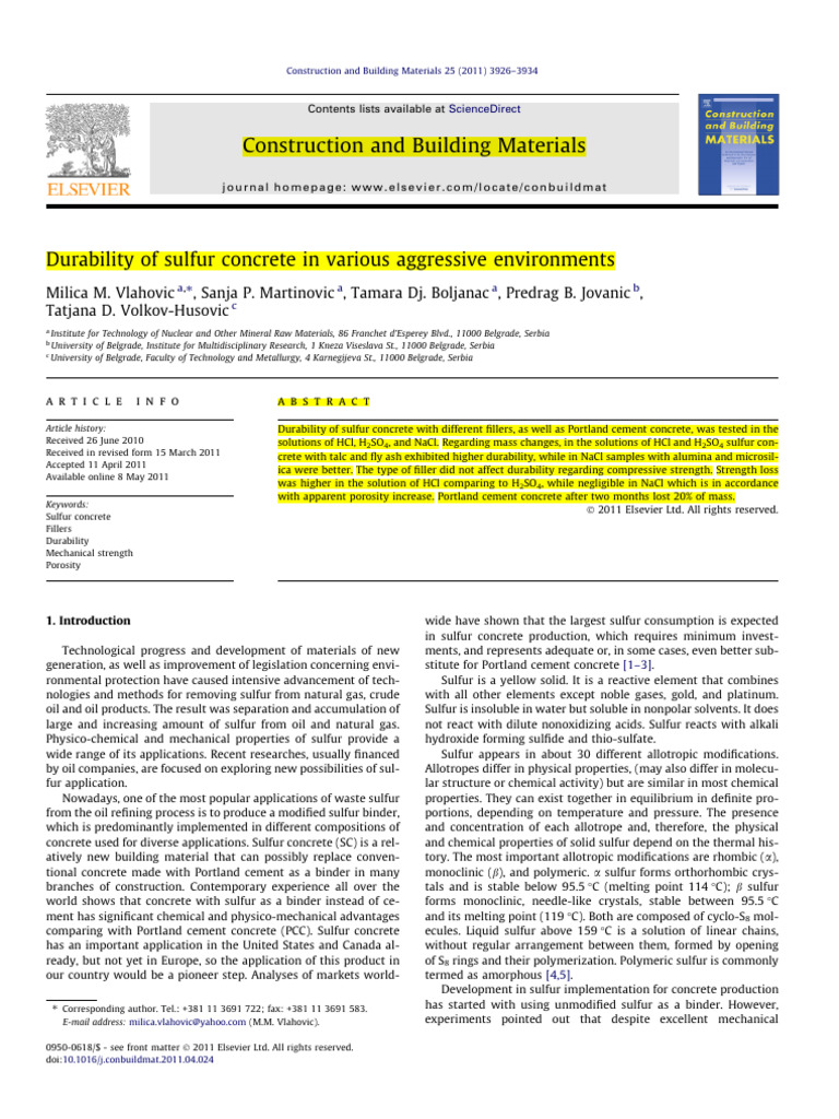 2011 - Durability of Sulfur Concrete in Various Aggressive Environments ...