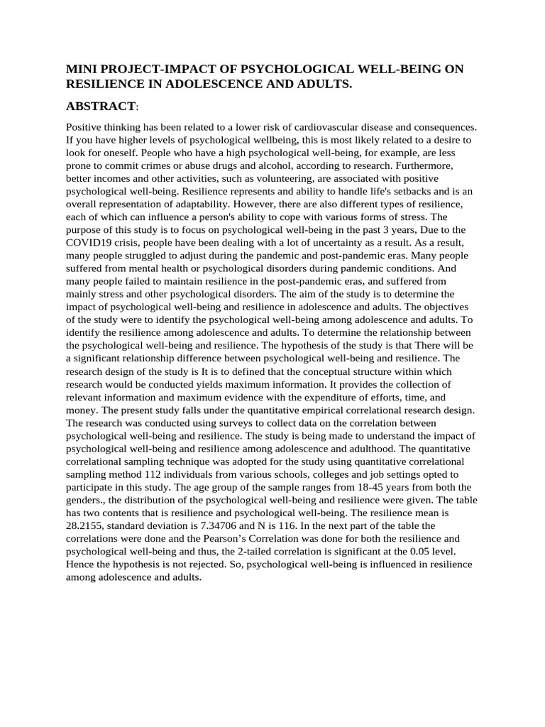 Psychological Well-Being and Resilience Study | PDF | Psychological ...