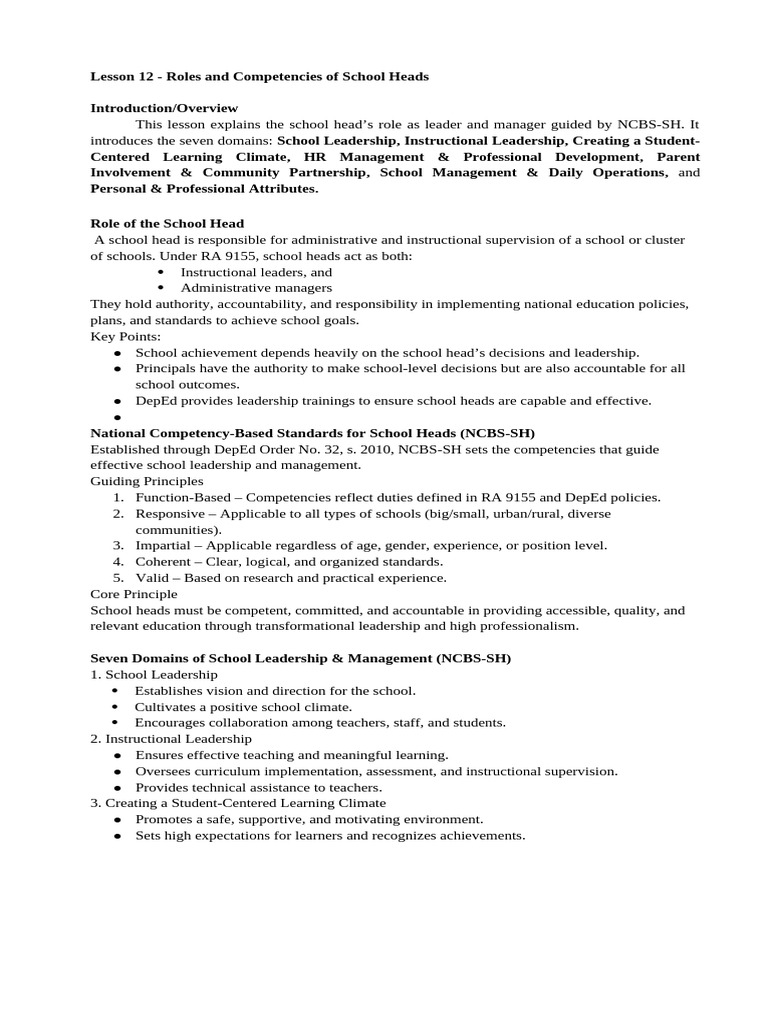 School Heads' Roles and Competencies Guide | PDF | Leadership | Teachers