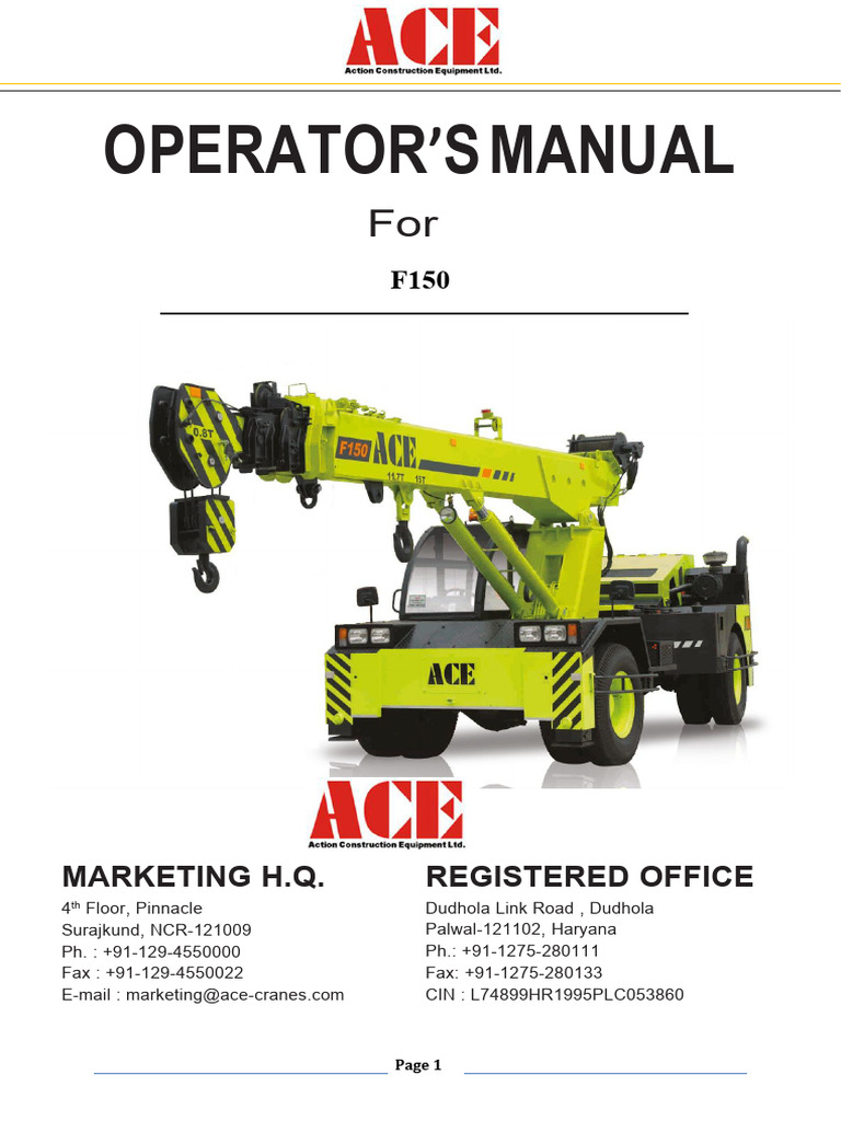 ACE Crane Operator's Manual Guide | PDF | Crane (Machine) | Electric Motor