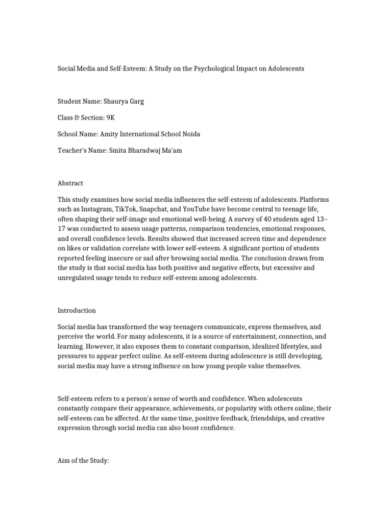 Social Media's Impact on Teen Self-Esteem | PDF | Self Esteem | Adolescence