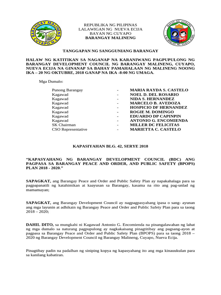 Resolution 42, 2018 Approving The Bpops Plan of BDC 2018 - 2020 | PDF