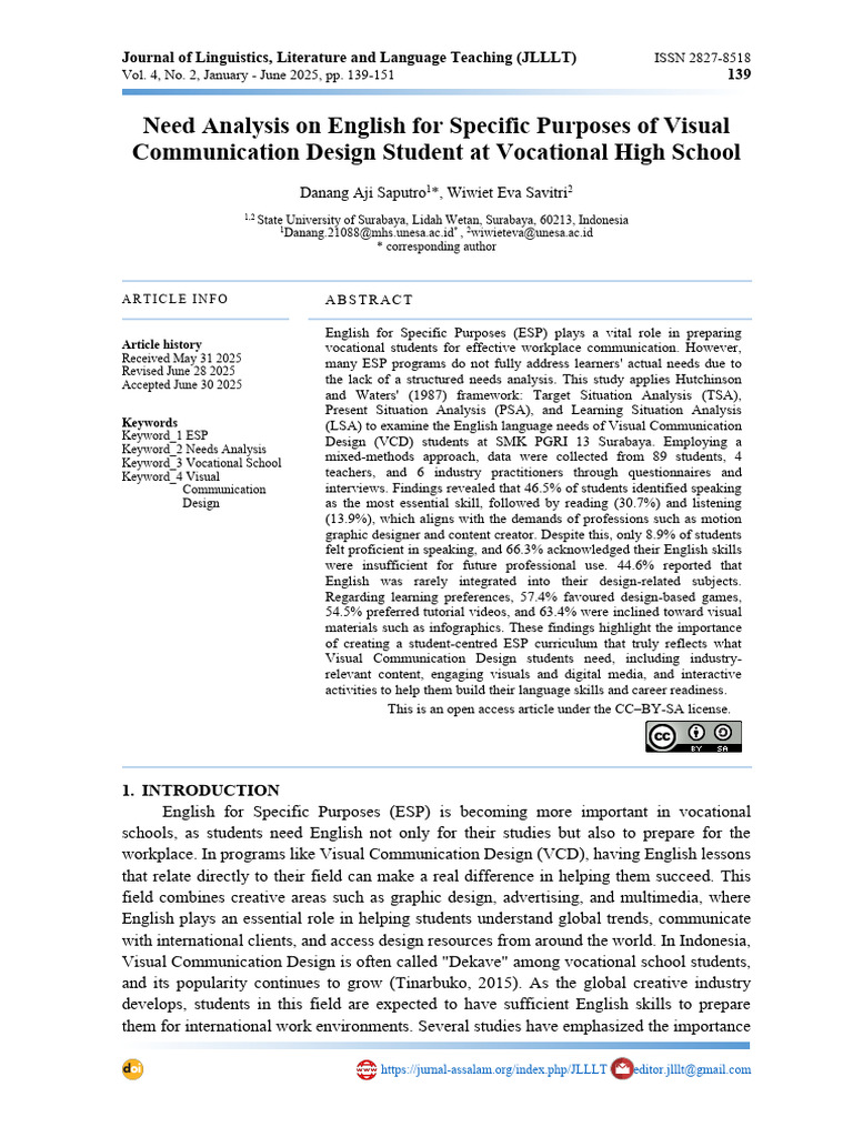 ESP Needs Analysis for VCD Students | PDF | Vocational Education | Learning