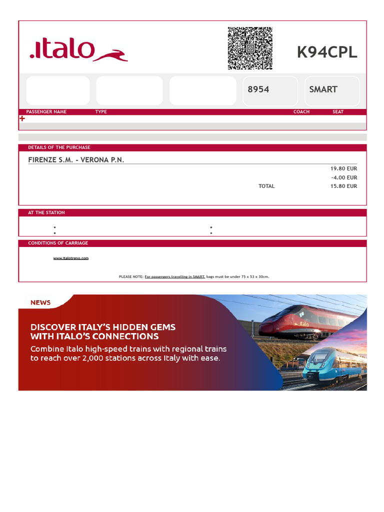 Italo Train Ticket Receipt Details | PDF | Receipt | Credit Card