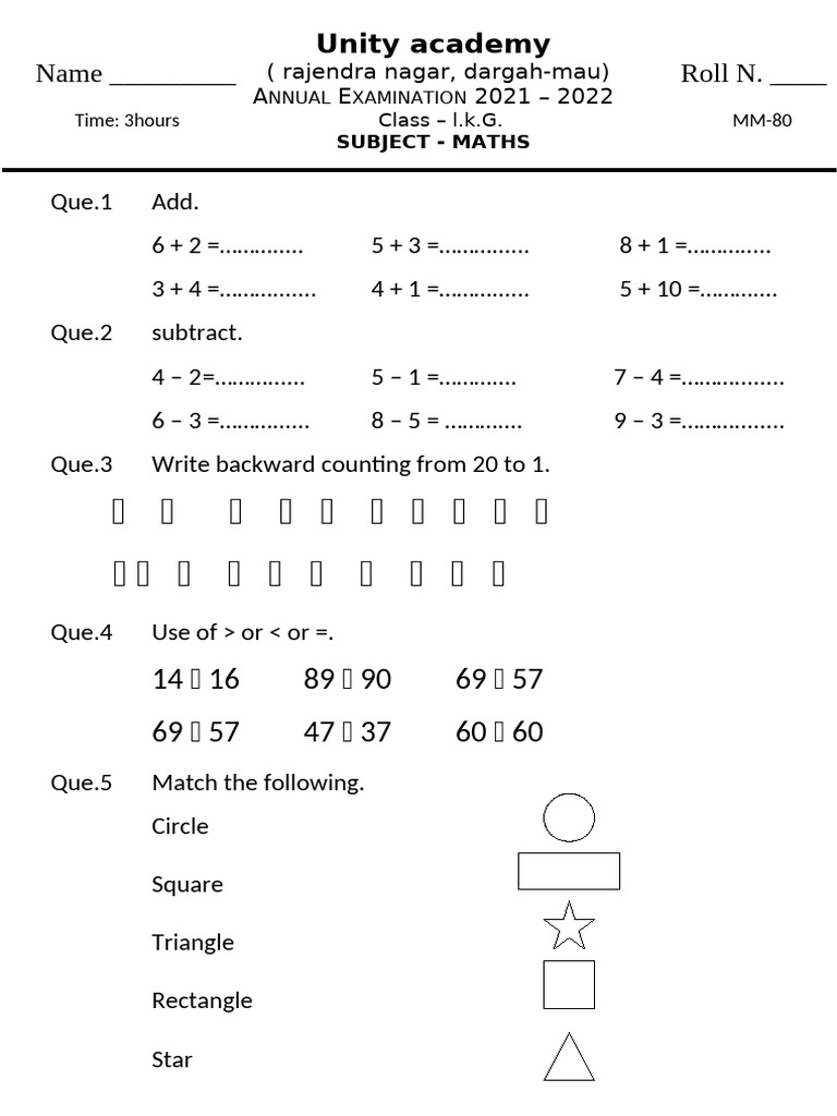 LKG Maths Annual Exam Paper 2021-22 | PDF