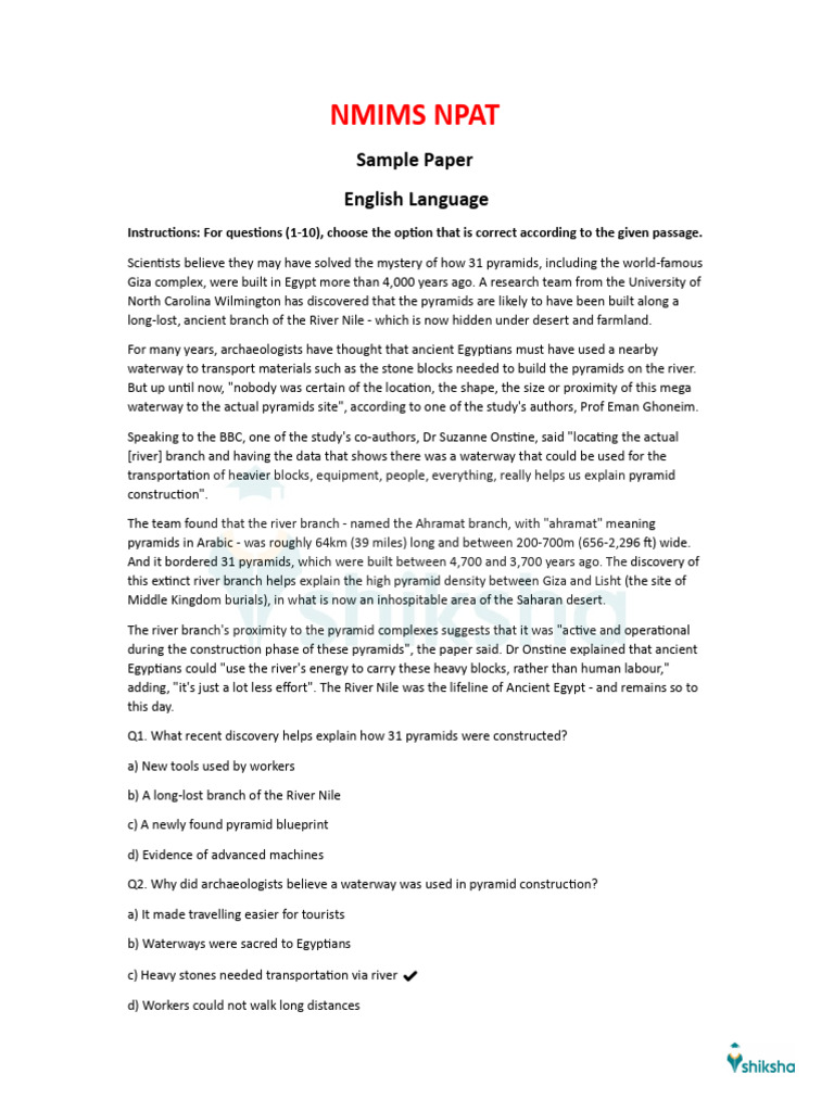NMIMS NPAT Sample Paper: English Language | PDF | Cost Of Living ...