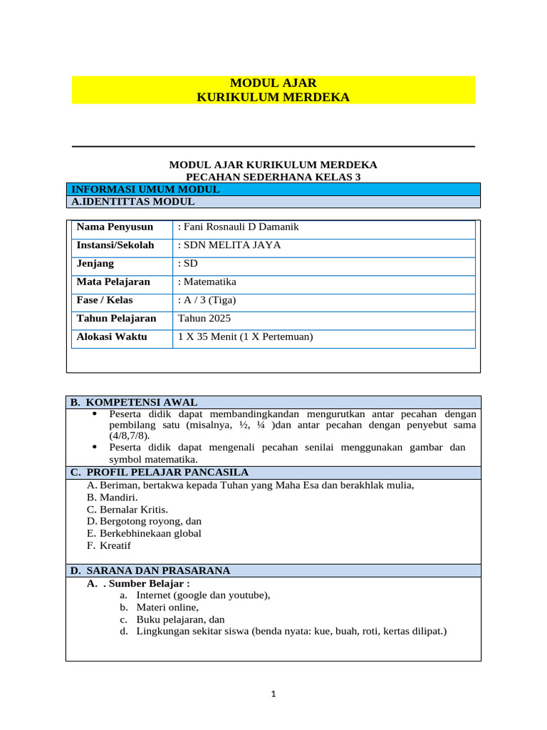 Modul Ajar Pecahan Kelas 3 SD | PDF