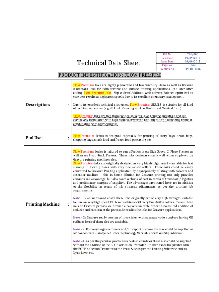 007 Flow Premium Inks Tds | PDF | Printing | Ink