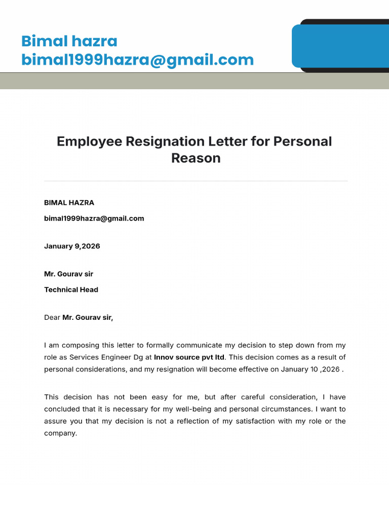 Employee Resignation Letter for Personal Reason Template (1) | PDF
