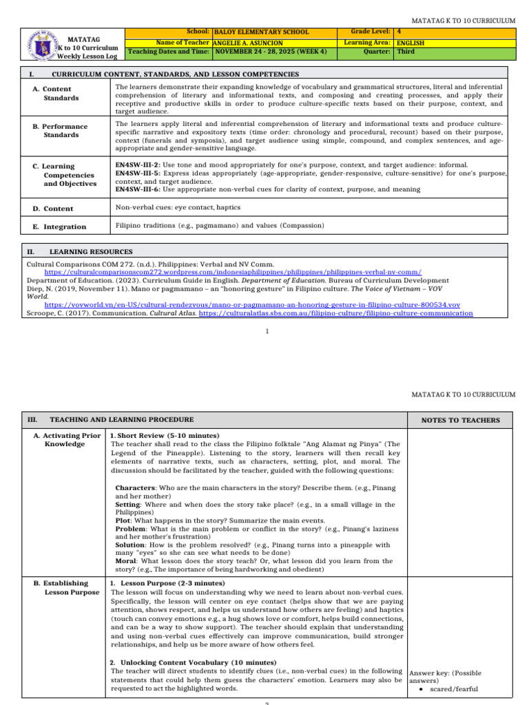 K to 10 English Lesson Plan: Week 4 | PDF | Nonverbal Communication ...