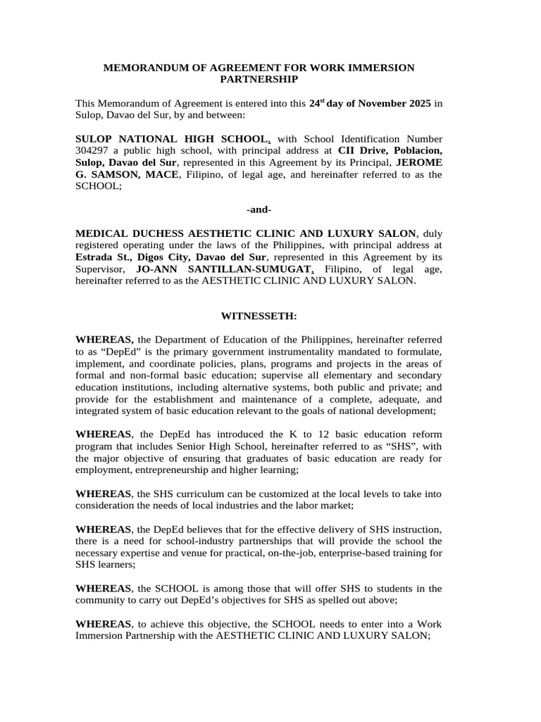 Work Immersion Agreement for SHS Program | PDF | Intellectual Property ...
