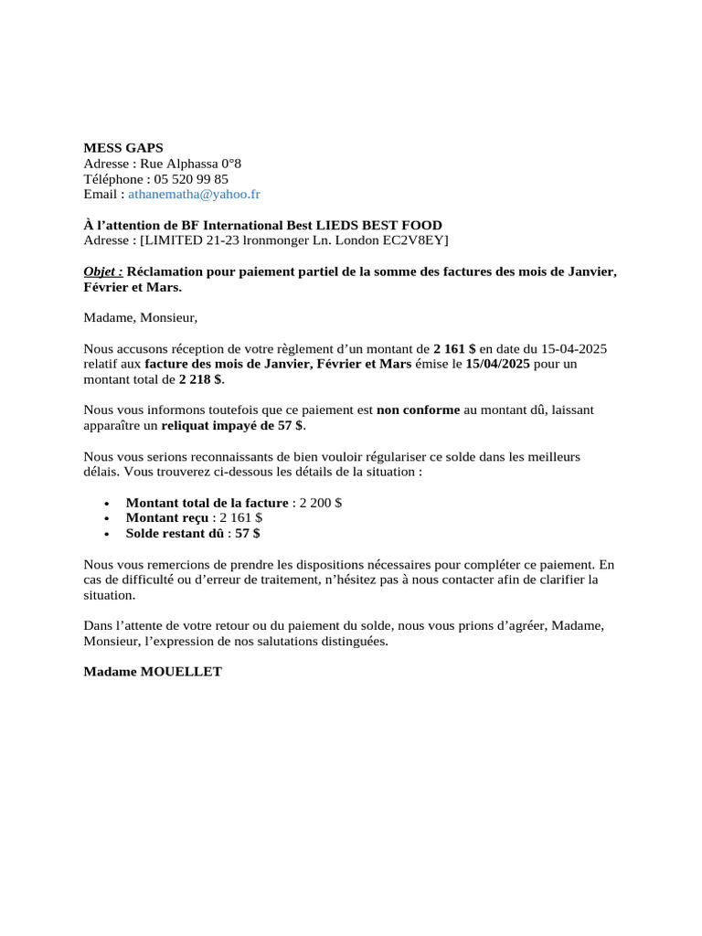 Réclamation de paiement partiel de facture | PDF