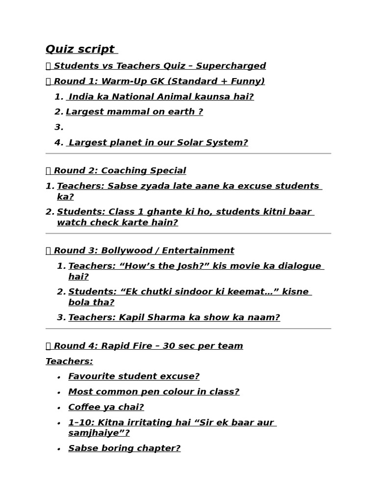 Students vs Teachers Quiz Script | PDF