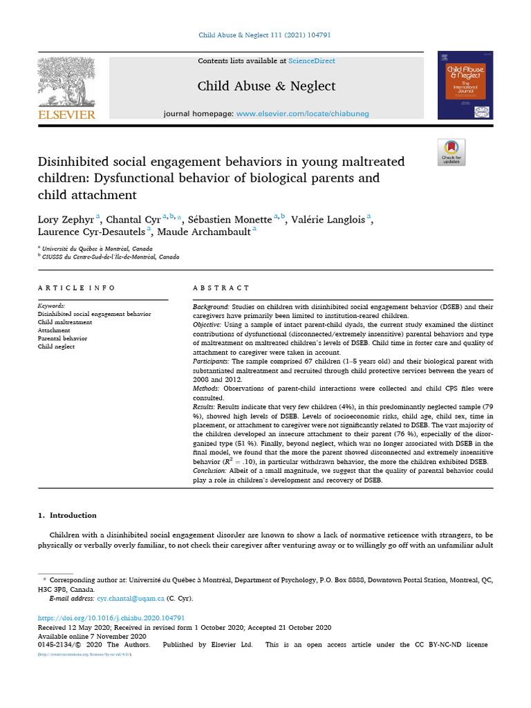 Disinhibited Social Engagement Behaviors in Young Maltreated Children ...