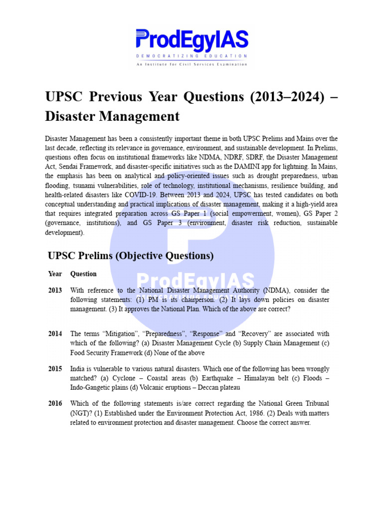UPSC Disaster Management Questions 2013-2024 | PDF | Disaster Risk ...