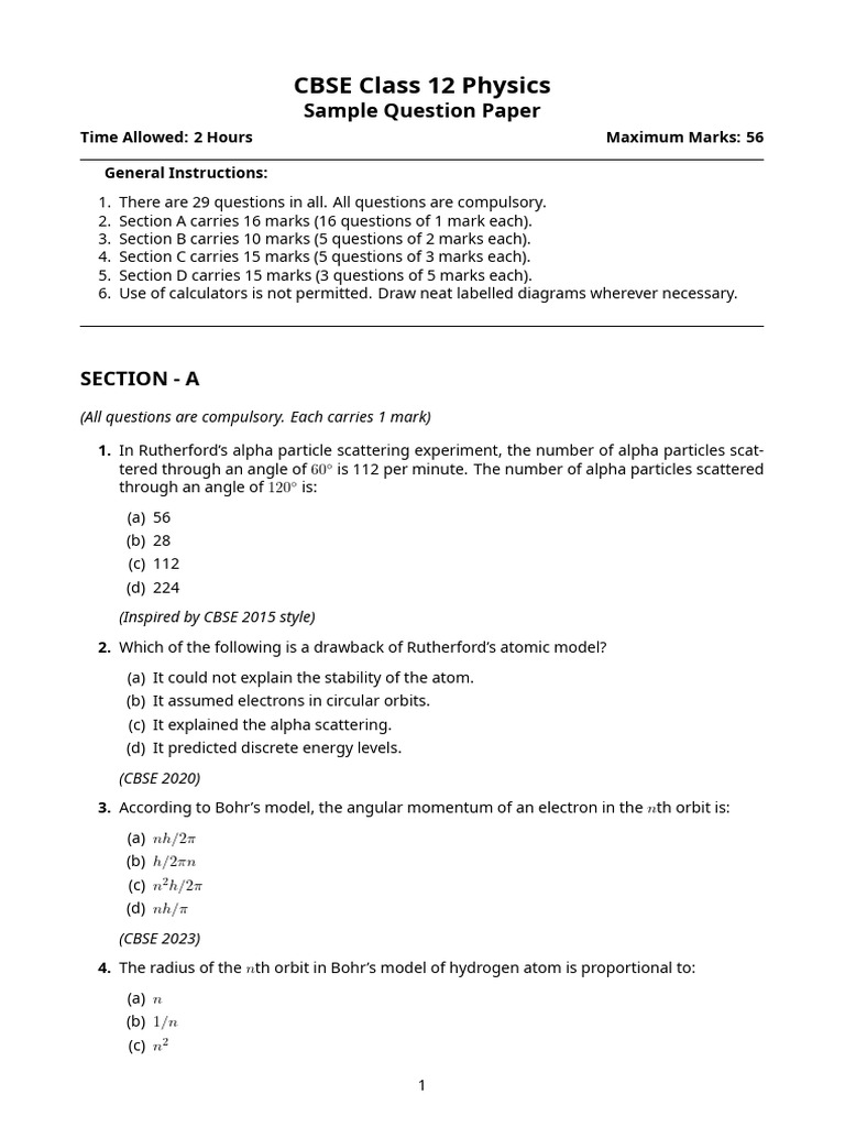 CBSE Physics Sample Paper | PDF | Atomic Nucleus | Atoms