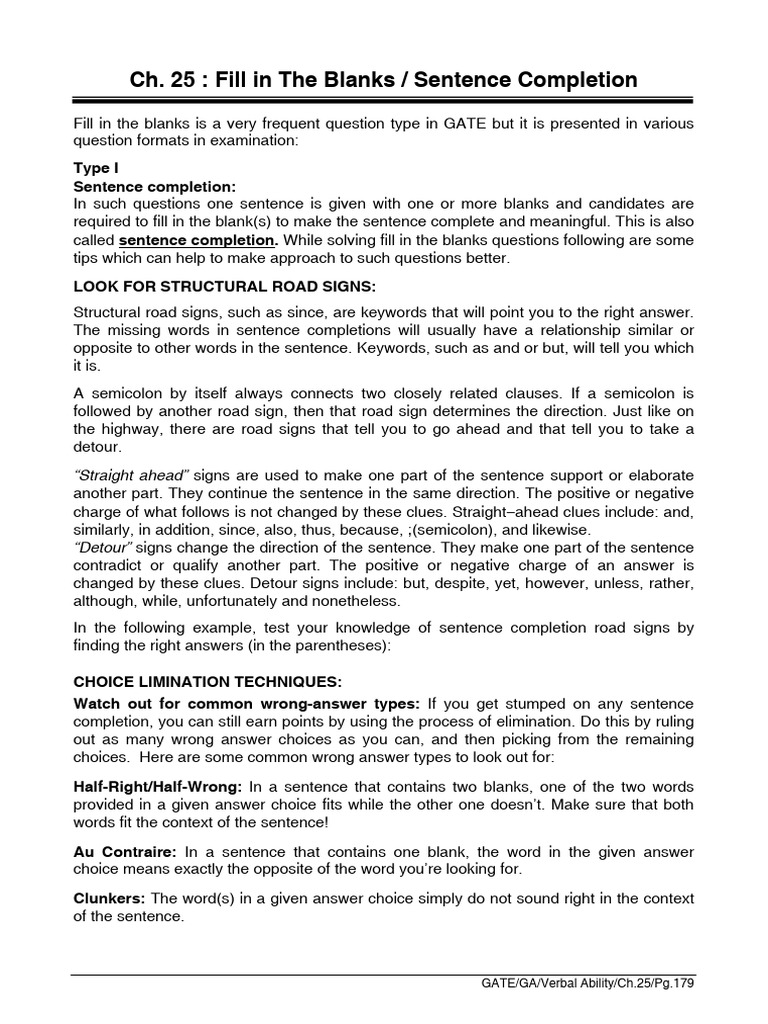 GATE Verbal Ability: Sentence Completion Tips | PDF | Sentence ...