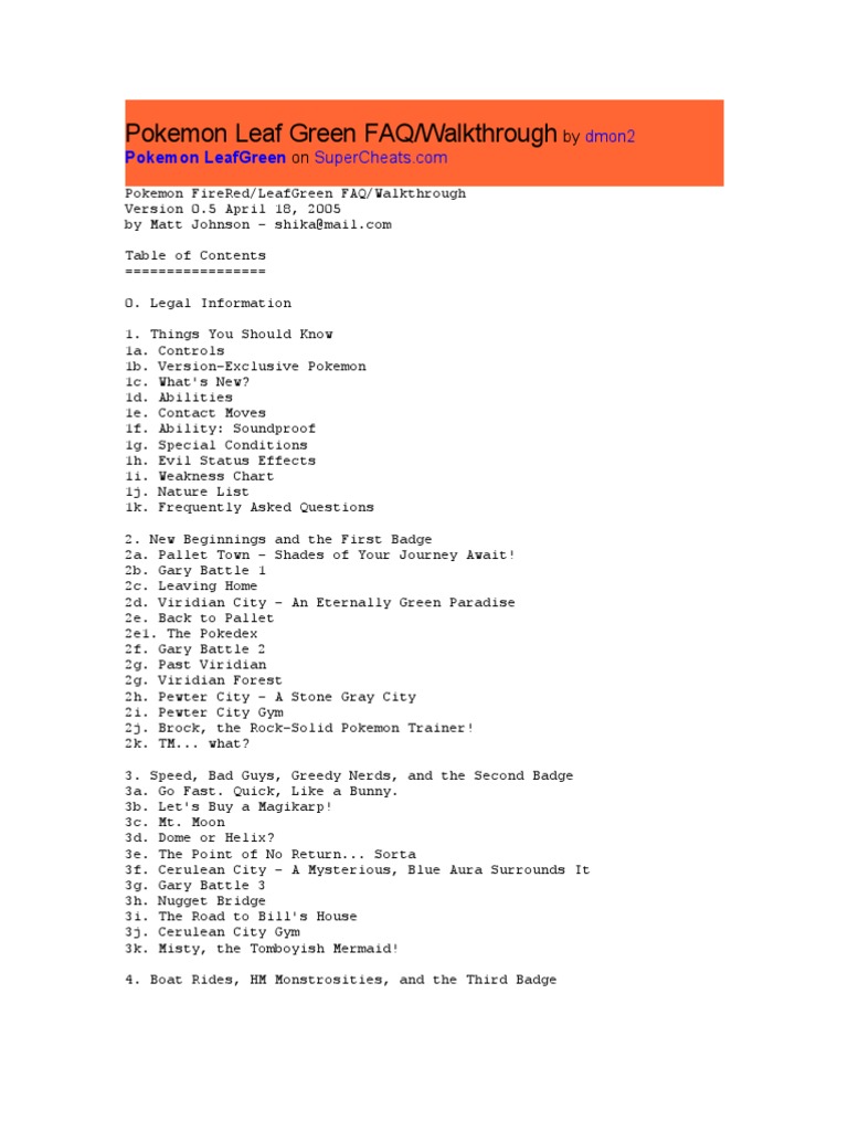Pokemon Leaf Green Faq Pdf Pokemon Nintendo Franchises