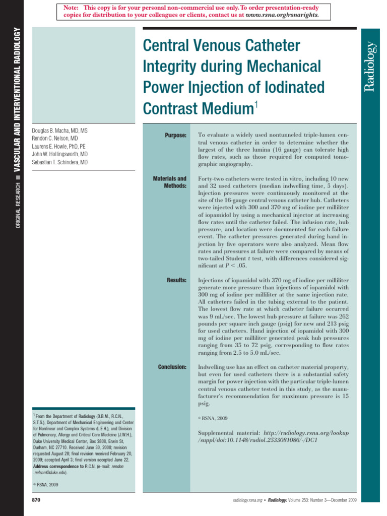Central Venous Catheter Power Injection Safety | PDF | Angiography | Ct ...