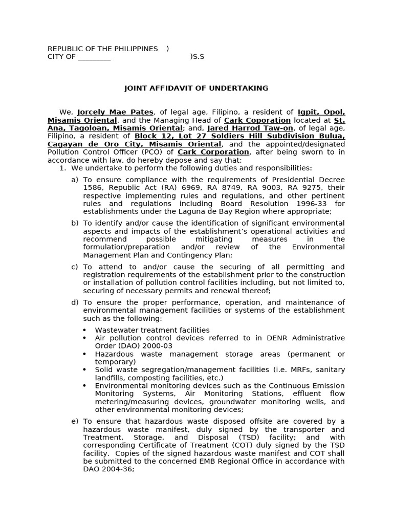 A. Affidavit of Undertaking New | PDF | Waste | Hazardous Waste
