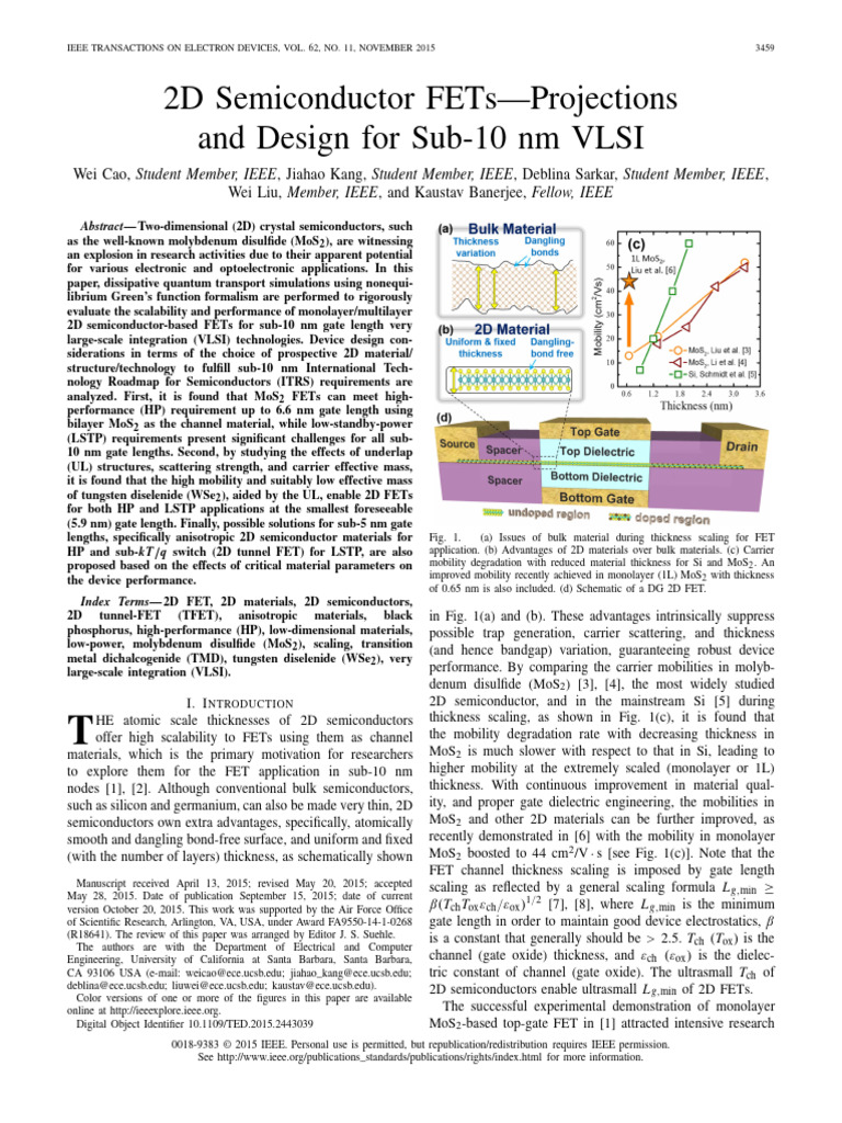 2D Semiconductor FETs for Sub-10 nm VLSI | PDF | Field Effect ...