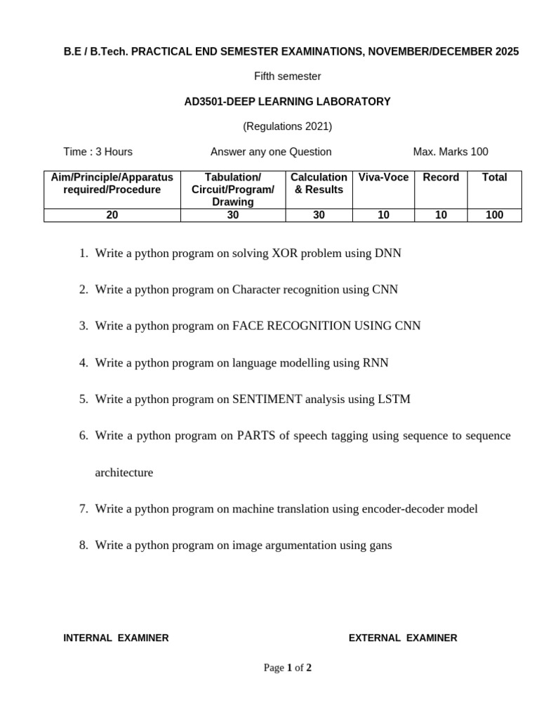 Deep Learning Lab Exam Questions 2025 | PDF