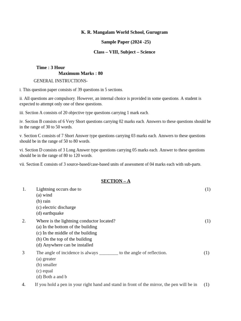 Class VIII Science Sample Paper 2024-25 | PDF | Fertilisation
