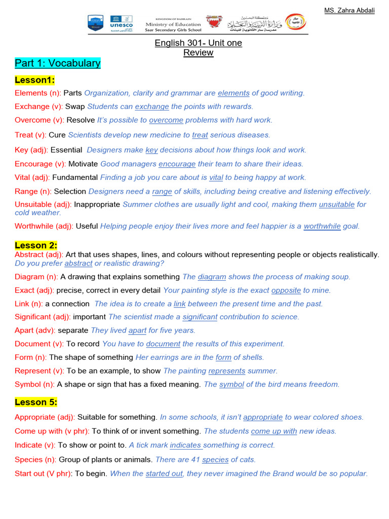 Vocabulary and Grammar Guide for English 301 | PDF | Adjective | Noun