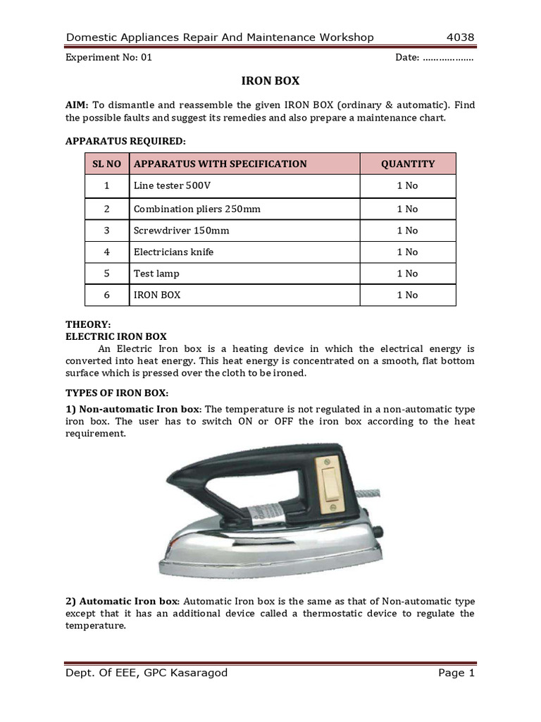 Iron Box Repair and Maintenance Guide | PDF | Thermostat | Electrical ...