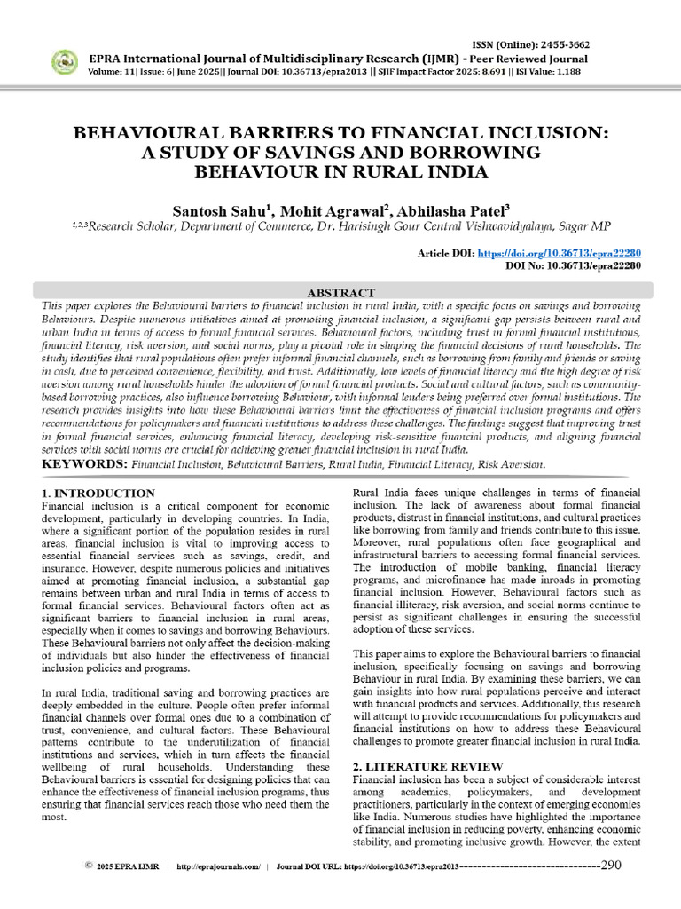 Behavioural Barriers To Financial Inclusion - A Study of Savings and ...