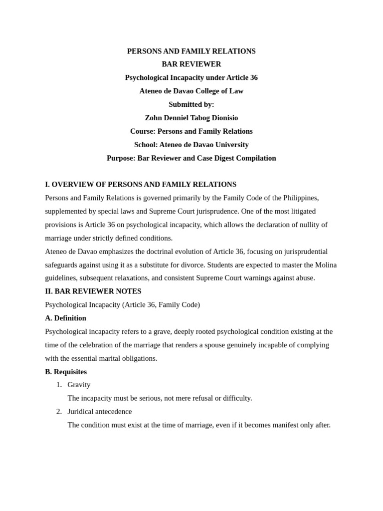 Psychological Incapacity in Marriage Law | PDF | Annulment | Marriage