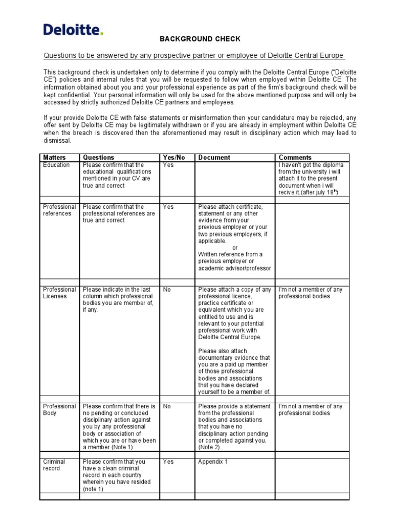 Background Check Questionnaire PDF Background Check Criminal Record