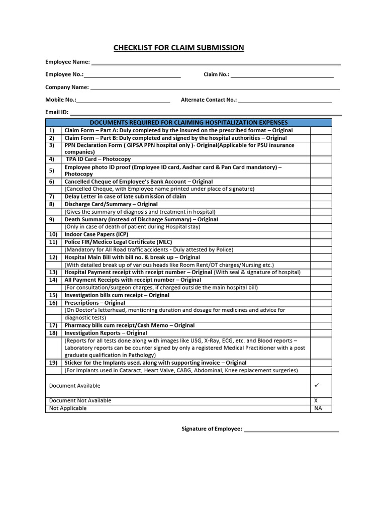 Hospitalization Claim Submission Checklist | PDF | Receipt | Identity ...