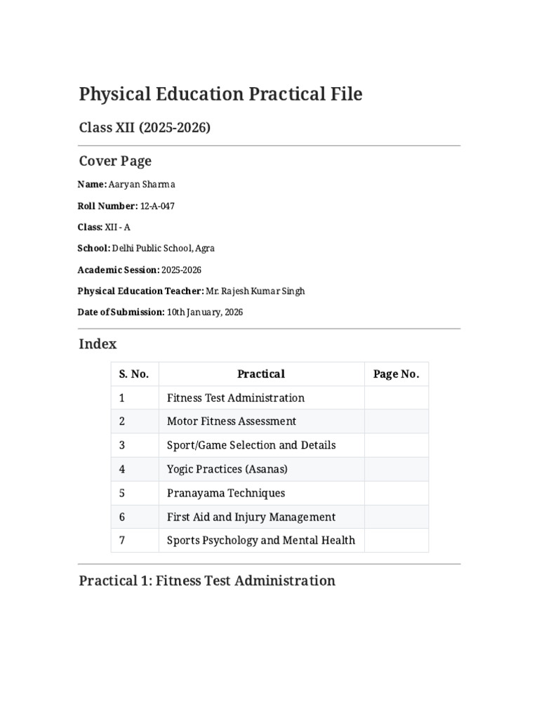 Class XII Physical Education Practical File | PDF | Asana | Breathing