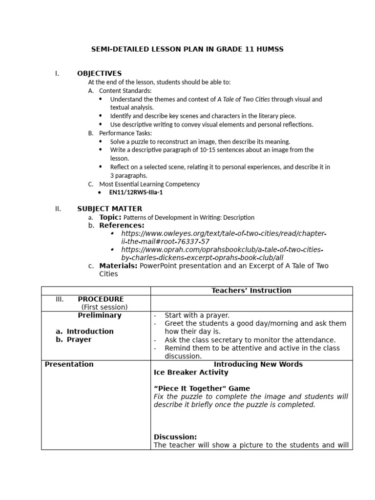 Grade 11 HUMSS Lesson Plan: A Tale of Two Cities | PDF | Lesson Plan ...