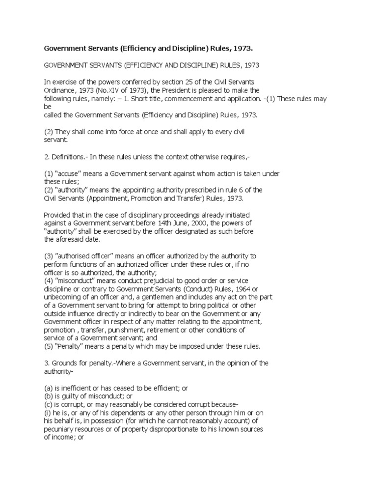 Government Servants Efficiency Discipline Rules 1973 PDF