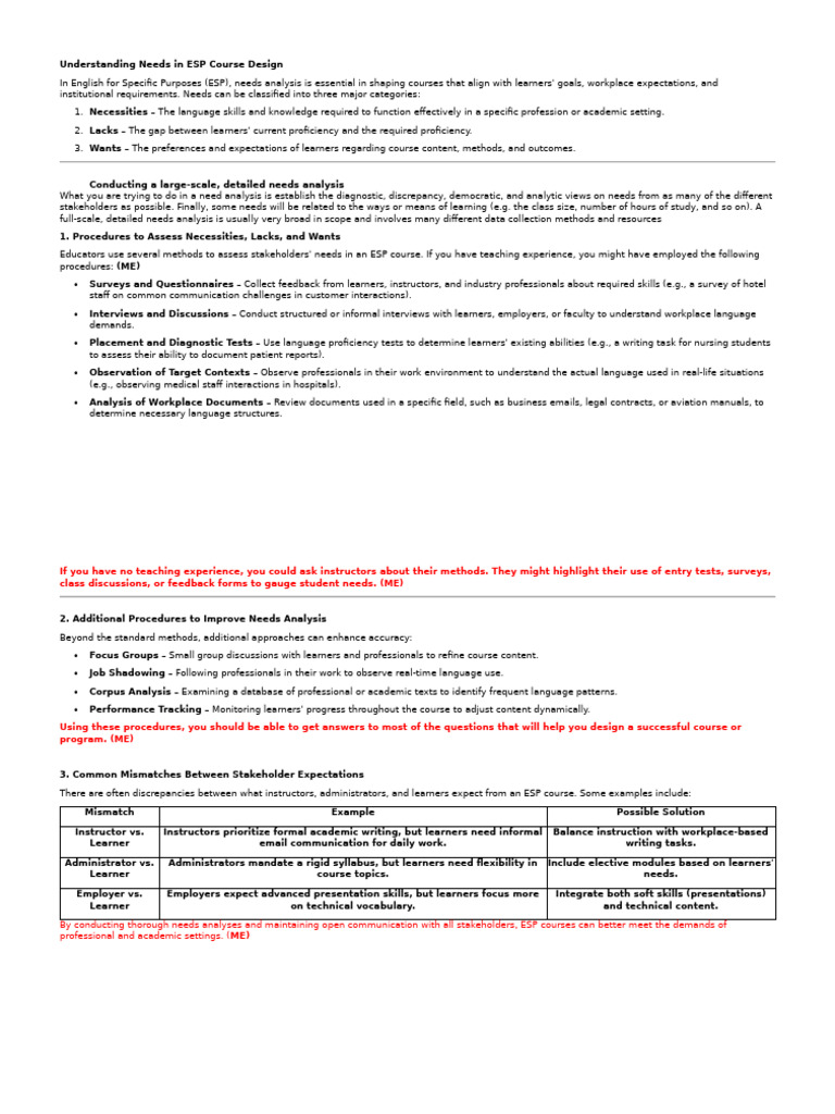 ESP Course Design: Needs Analysis Guide | PDF | Learning | Teachers