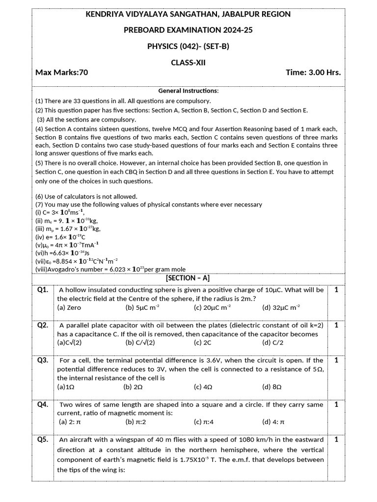 Class XII Physics Preboard Exam 2024-25 | PDF | Inductor | Inductance