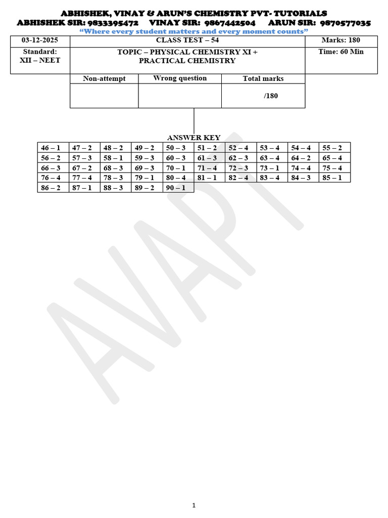 54) Xii (Neet) Answer Key Physical Chemistry Xi + Practical Chemistry ...