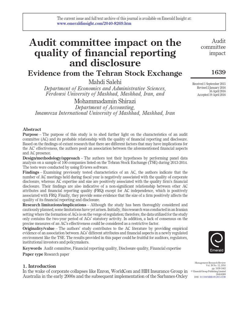 Audit Committee Impact On The Quality of Financial Reporting and ...