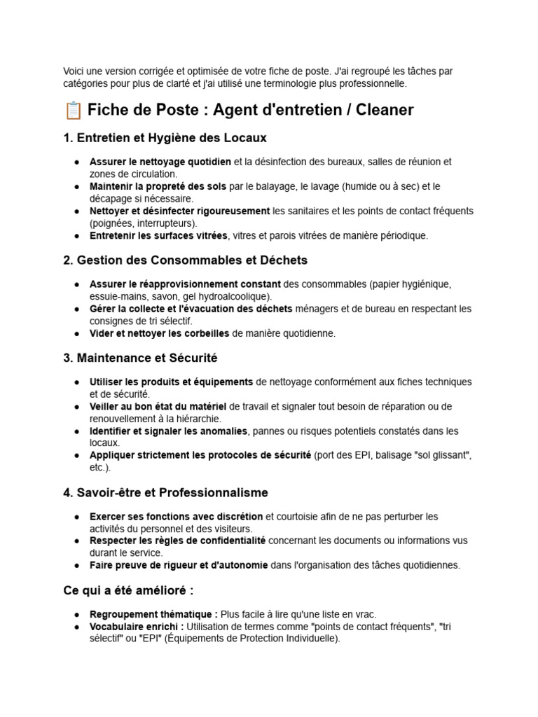 Fiche de Poste : Agent d'Entretien Optimisée | PDF