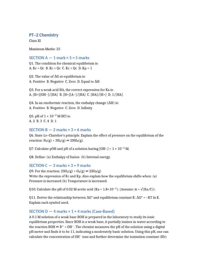 Class XI Chemistry Equilibrium & pH Guide | PDF | Chemistry | Physical ...