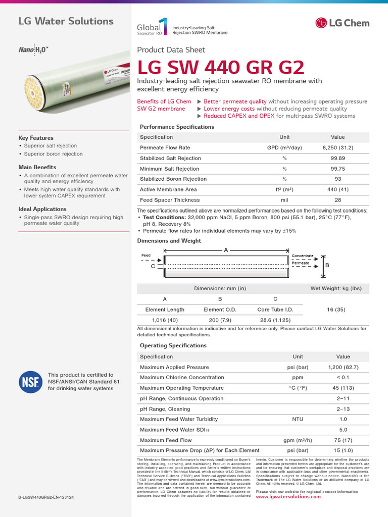 LG Chem SW G2 Membrane Specifications | PDF