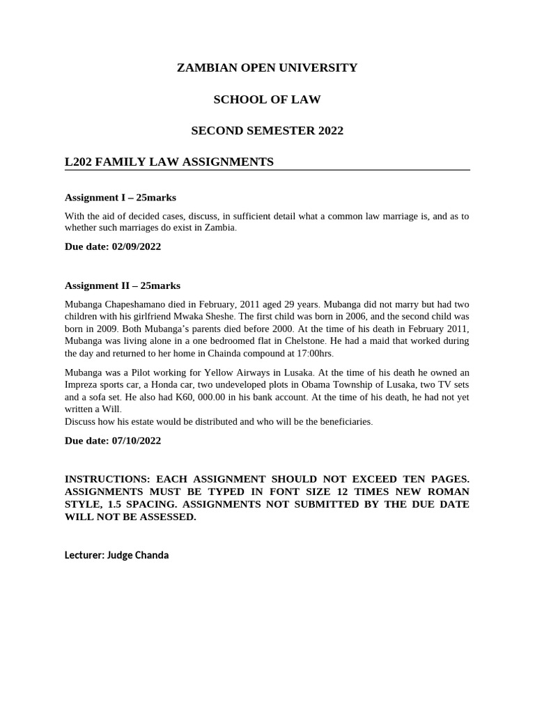 Zambian Family Law Assignments 2022 | PDF