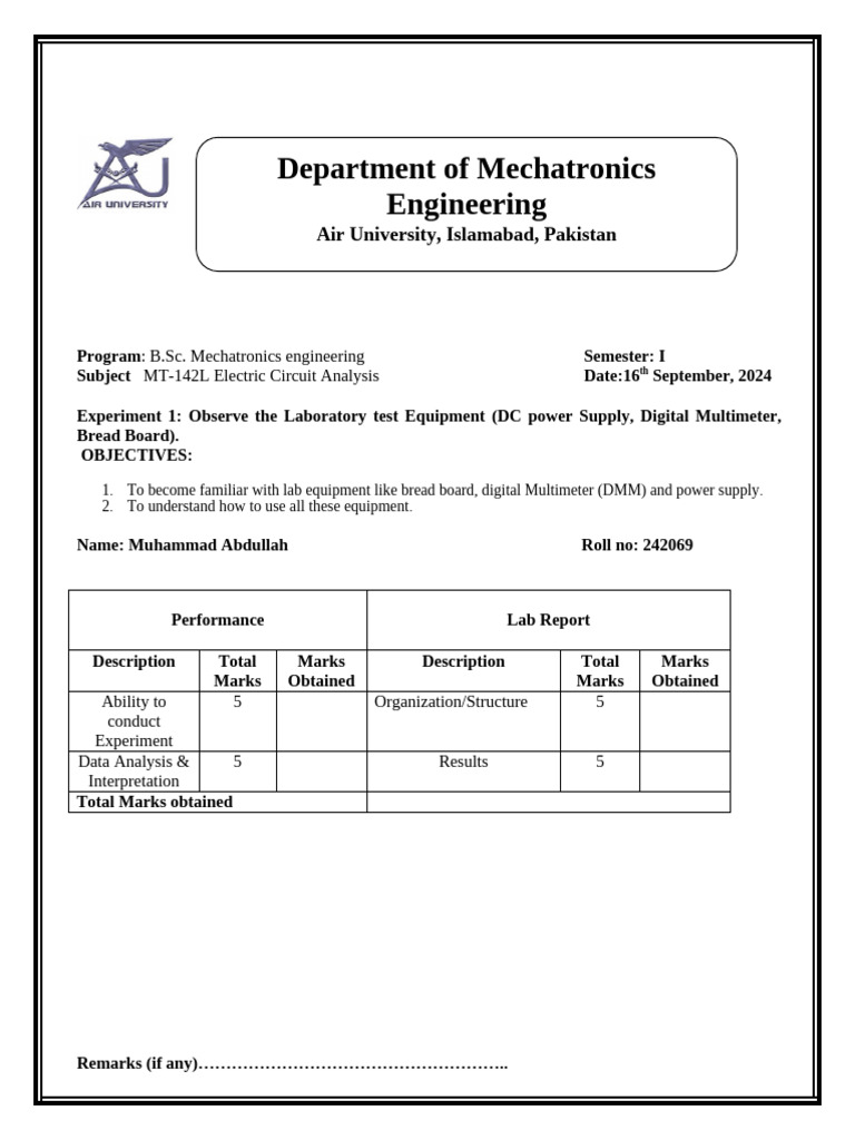 Lab Report 1-242069 | PDF | Power Supply | Electrical Engineering