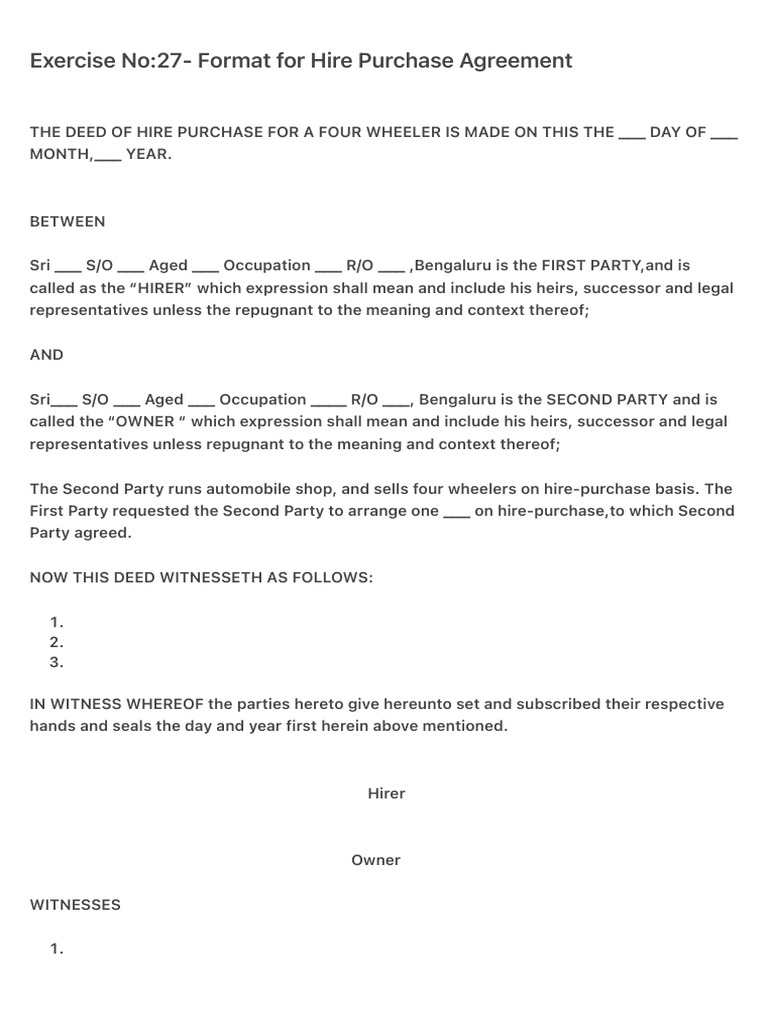 Hire Purchase Agreement Template | PDF