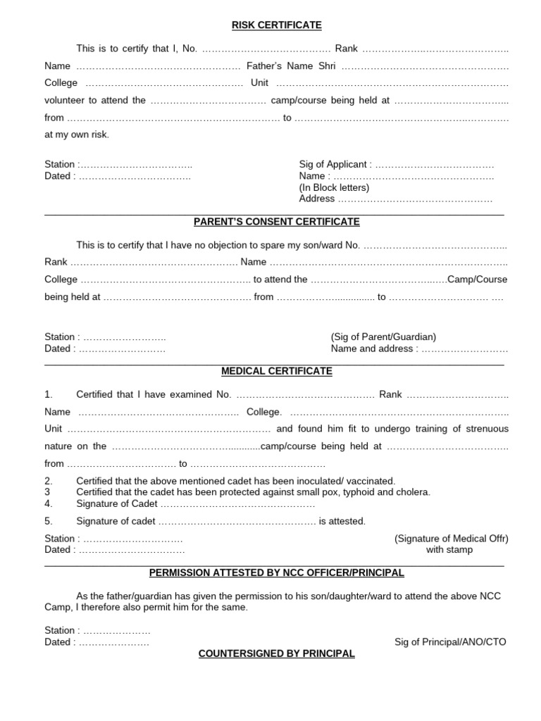 NCC Camp Risk and Consent Certificates | PDF