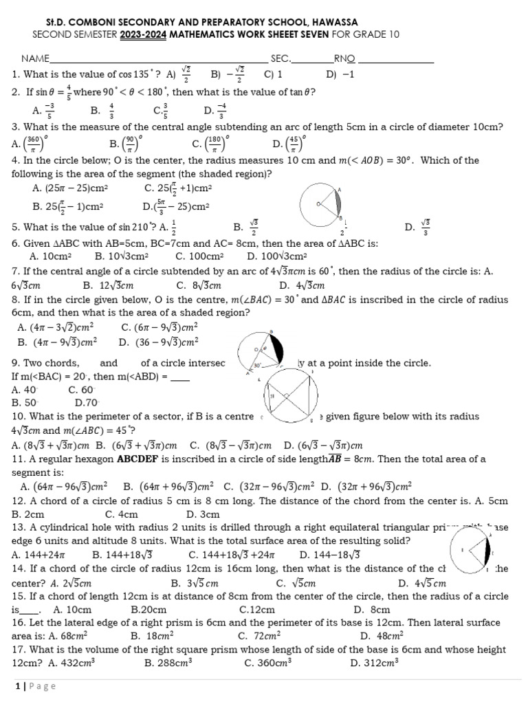 Grade 10 Math Worksheet - Semester 2 | PDF