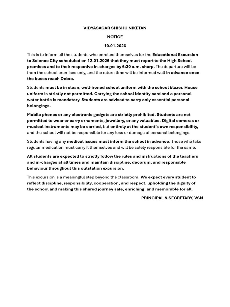 Science City Excursion Notice 2026 | PDF