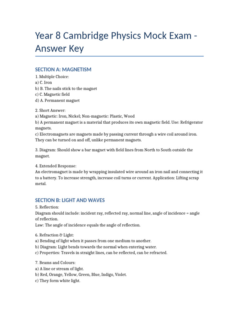 Year 8 Physics Mock Exam Answer Key | PDF | Light | Magnet